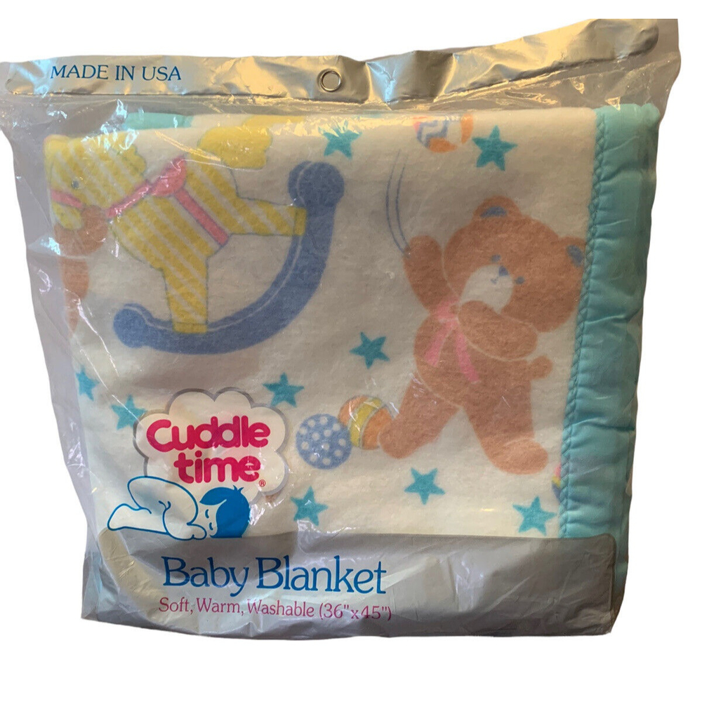 Vtg Baby Blanket Cuddle Time Bears 36" x 45" Acrylic Security Nylon Trim NEW NOS